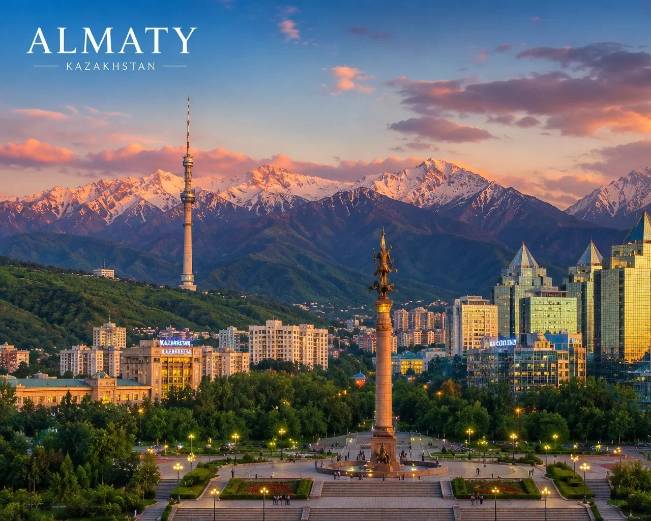 Almaty cityscape at golden hour