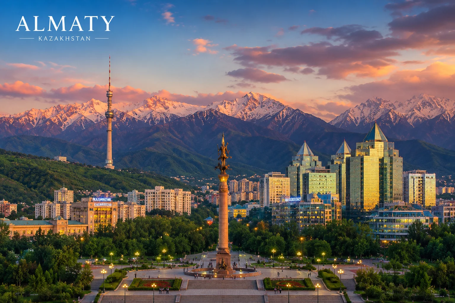 Almaty cityscape at golden hour