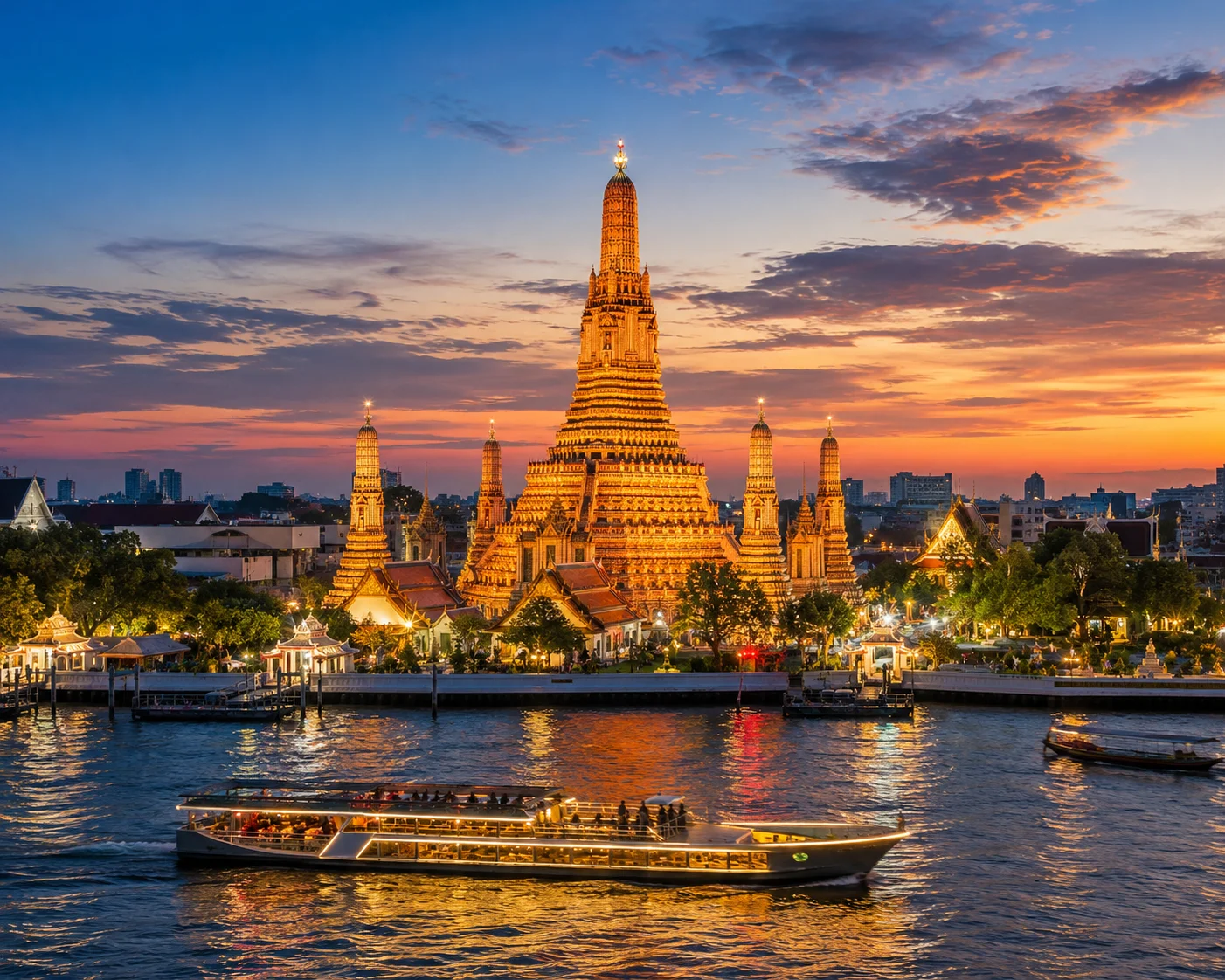 Bangkok temple at sunset by the river