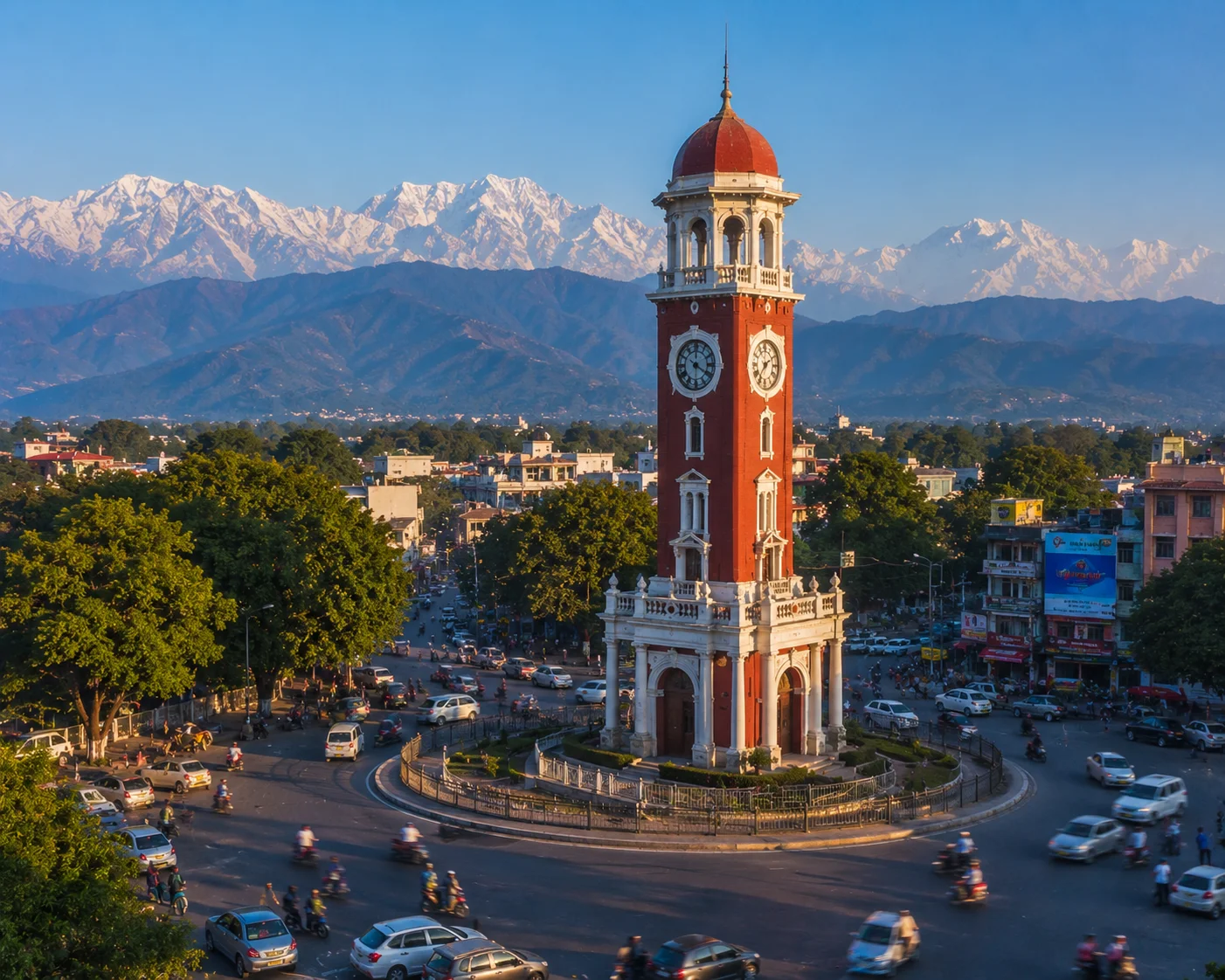 Clock tower in busy city square Dehradun
