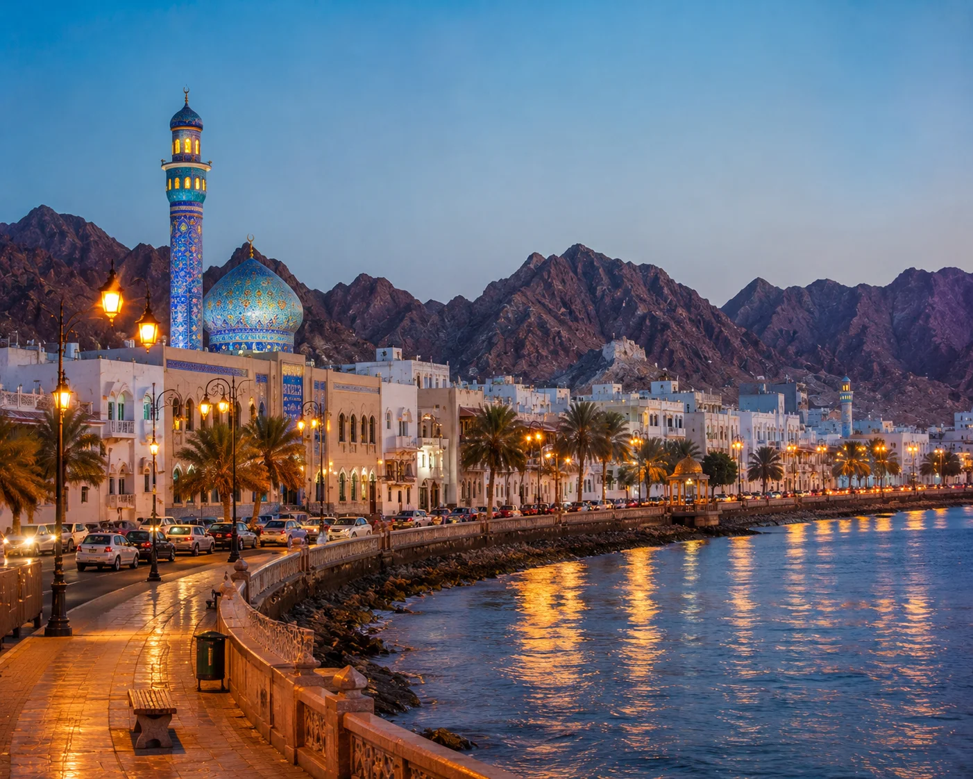 Golden lights along the seaside promenade Muscat