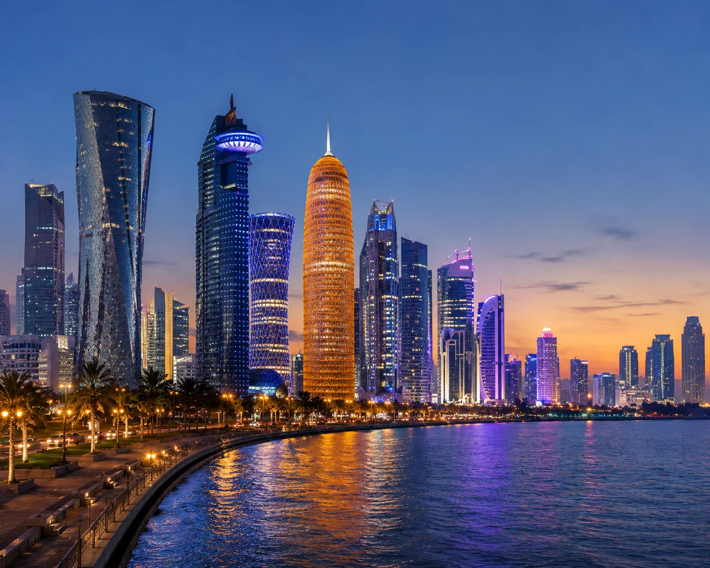 Twilight city skyline by the waterfront Doha